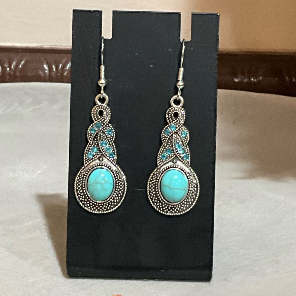 Turquoise and Silver Dangle Earrings - Picture 3 of 7